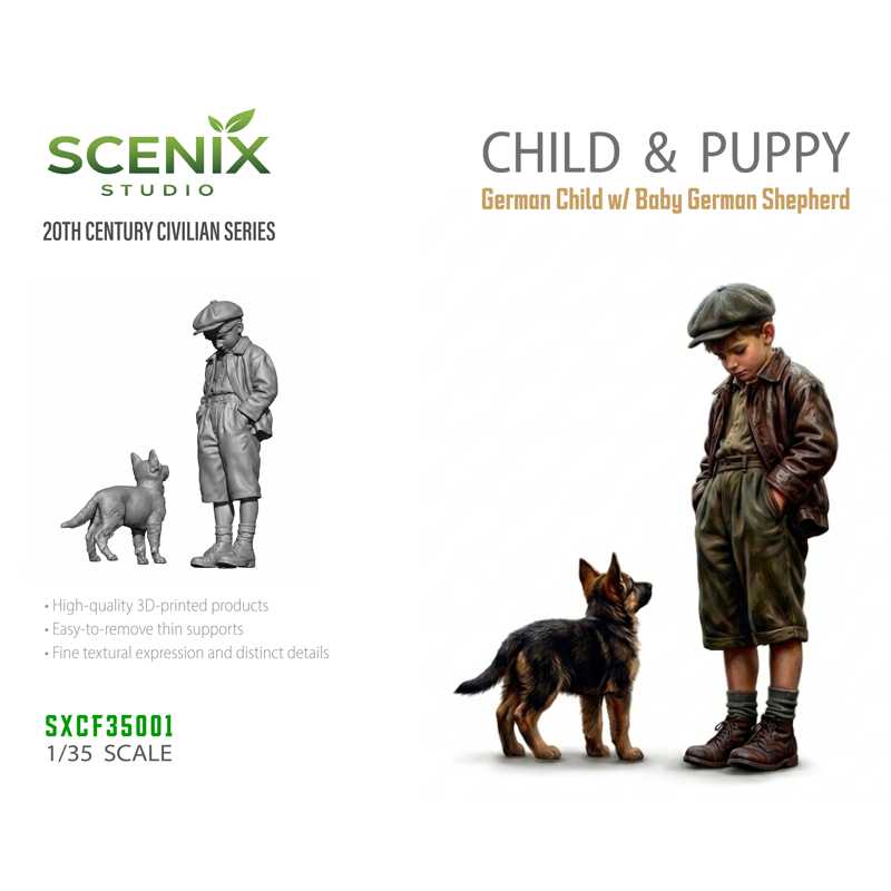 BSK Model Child & Puppy (Child & Baby German Shepherd) (1/35)